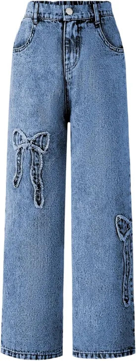 WDIRARA Girl's Bowknot Print Washed Jean Elastic Waist Denim Pants Straight Leg Trousers with Pockets