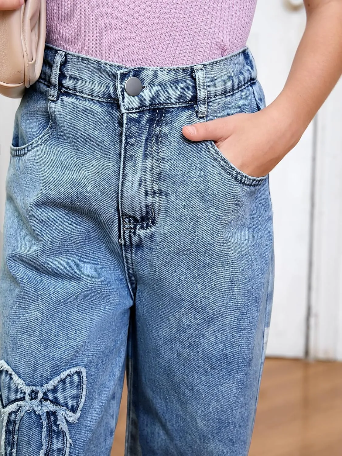 WDIRARA Girl's Bowknot Print Washed Jean Elastic Waist Denim Pants Straight Leg Trousers with Pockets