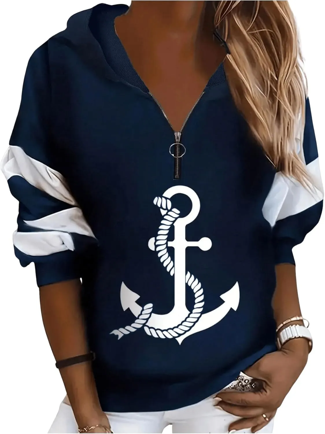 WDIRARA Women's Plus Size Anchor Graphic Print Long Sleeve Sweatshirt Half Zip Color Block Drop Shoulder Hoodie