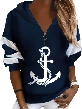 WDIRARA Women's Plus Size Anchor Graphic Print Long Sleeve Sweatshirt Half Zip Color Block Drop Shoulder Hoodie WDIRARA Women's Plus Size Anchor Graphic Print Long Sleeve Sweatshirt Half Zip Color Block Drop Shoulder Hoodie