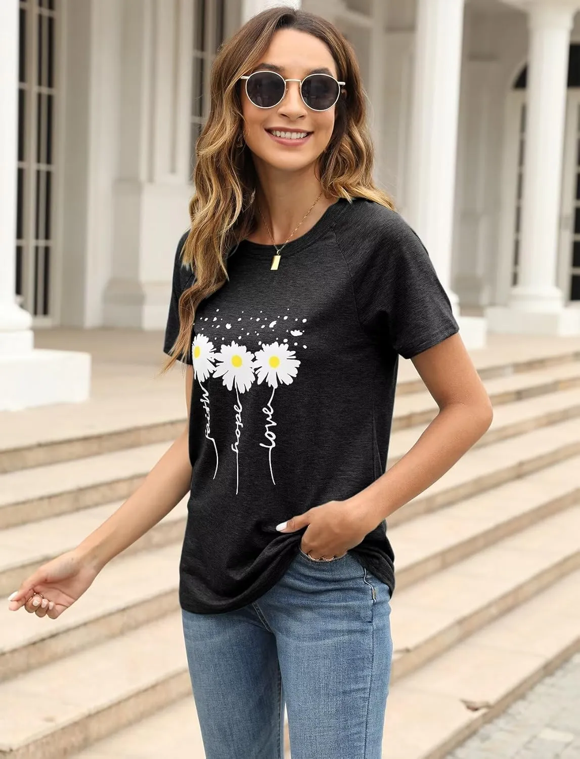 Women Crewneck Daisy Print Short Sleeve T-Shirts Summer Faith-Hope-Love Raglan Sleeve Tees Loose Fit Graphic Tops 2024