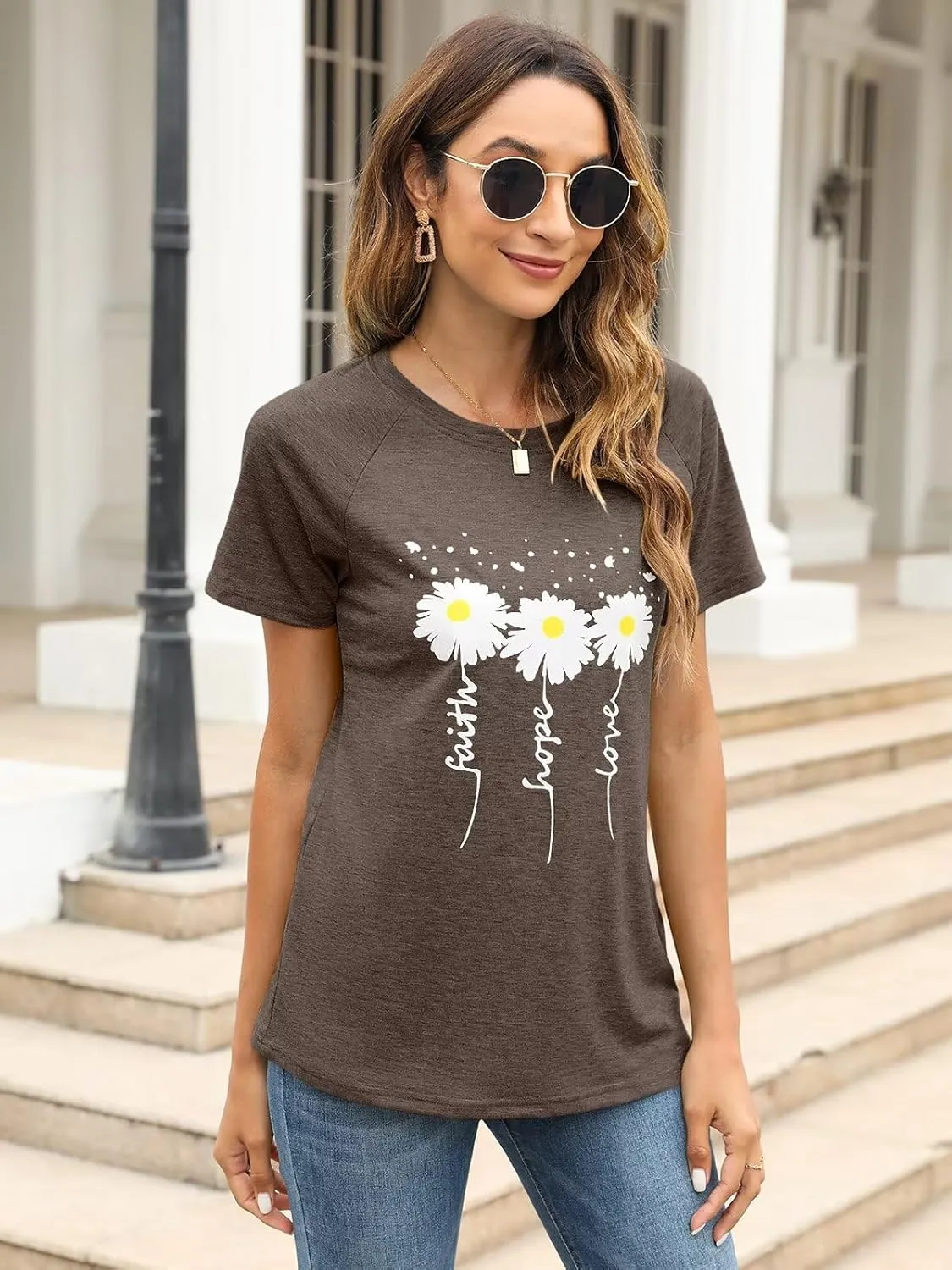 Women Crewneck Daisy Print Short Sleeve T-Shirts Summer Faith-Hope-Love Raglan Sleeve Tees Loose Fit Graphic Tops 2024
