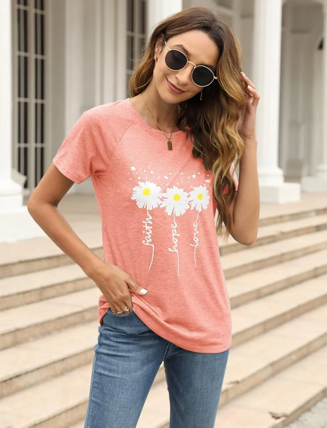 Women Crewneck Daisy Print Short Sleeve T-Shirts Summer Faith-Hope-Love Raglan Sleeve Tees Loose Fit Graphic Tops 2024