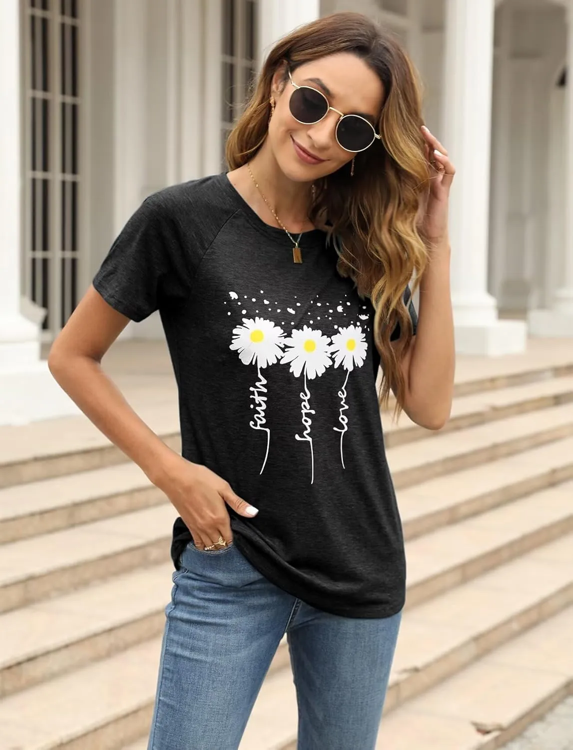 Women Crewneck Daisy Print Short Sleeve T-Shirts Summer Faith-Hope-Love Raglan Sleeve Tees Loose Fit Graphic Tops 2024