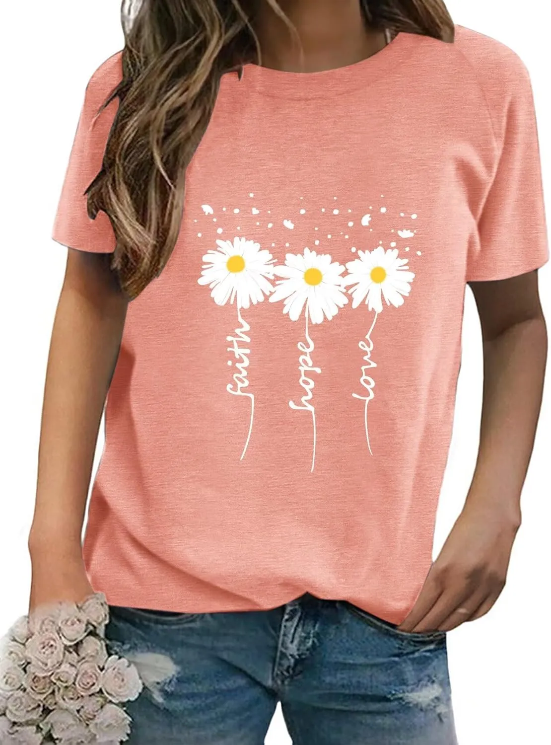 Women Crewneck Daisy Print Short Sleeve T-Shirts Summer Faith-Hope-Love Raglan Sleeve Tees Loose Fit Graphic Tops 2024