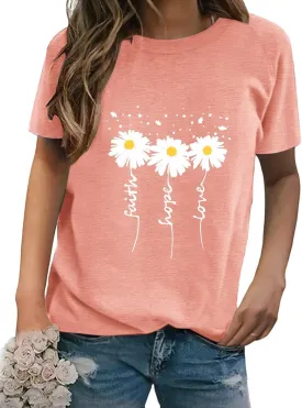Women Crewneck Daisy Print Short Sleeve T-Shirts Summer Faith-Hope-Love Raglan Sleeve Tees Loose Fit Graphic Tops 2024