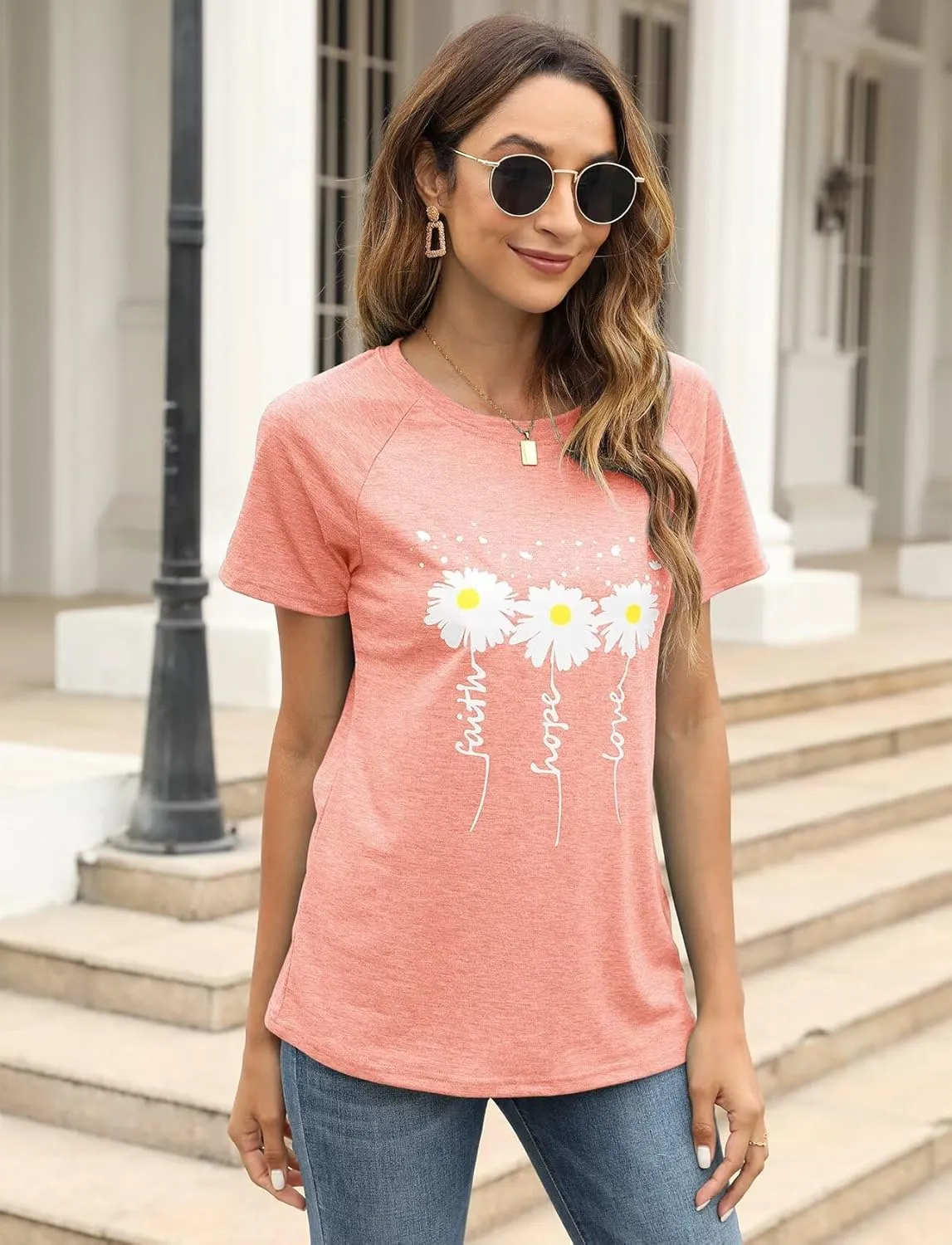 Women Crewneck Daisy Print Short Sleeve T-Shirts Summer Faith-Hope-Love Raglan Sleeve Tees Loose Fit Graphic Tops 2024