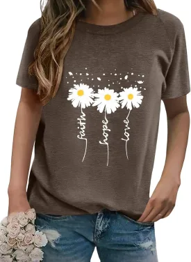 Women Crewneck Daisy Print Short Sleeve T-Shirts Summer Faith-Hope-Love Raglan Sleeve Tees Loose Fit Graphic Tops 2024