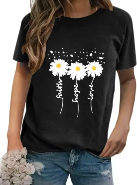 Women Crewneck Daisy Print Short Sleeve T-Shirts Summer Faith-Hope-Love Raglan Sleeve Tees Loose Fit Graphic Tops 2024