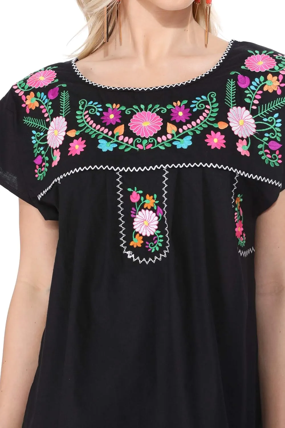 Women Traditional Puebla Mexican Embroidered Blouse