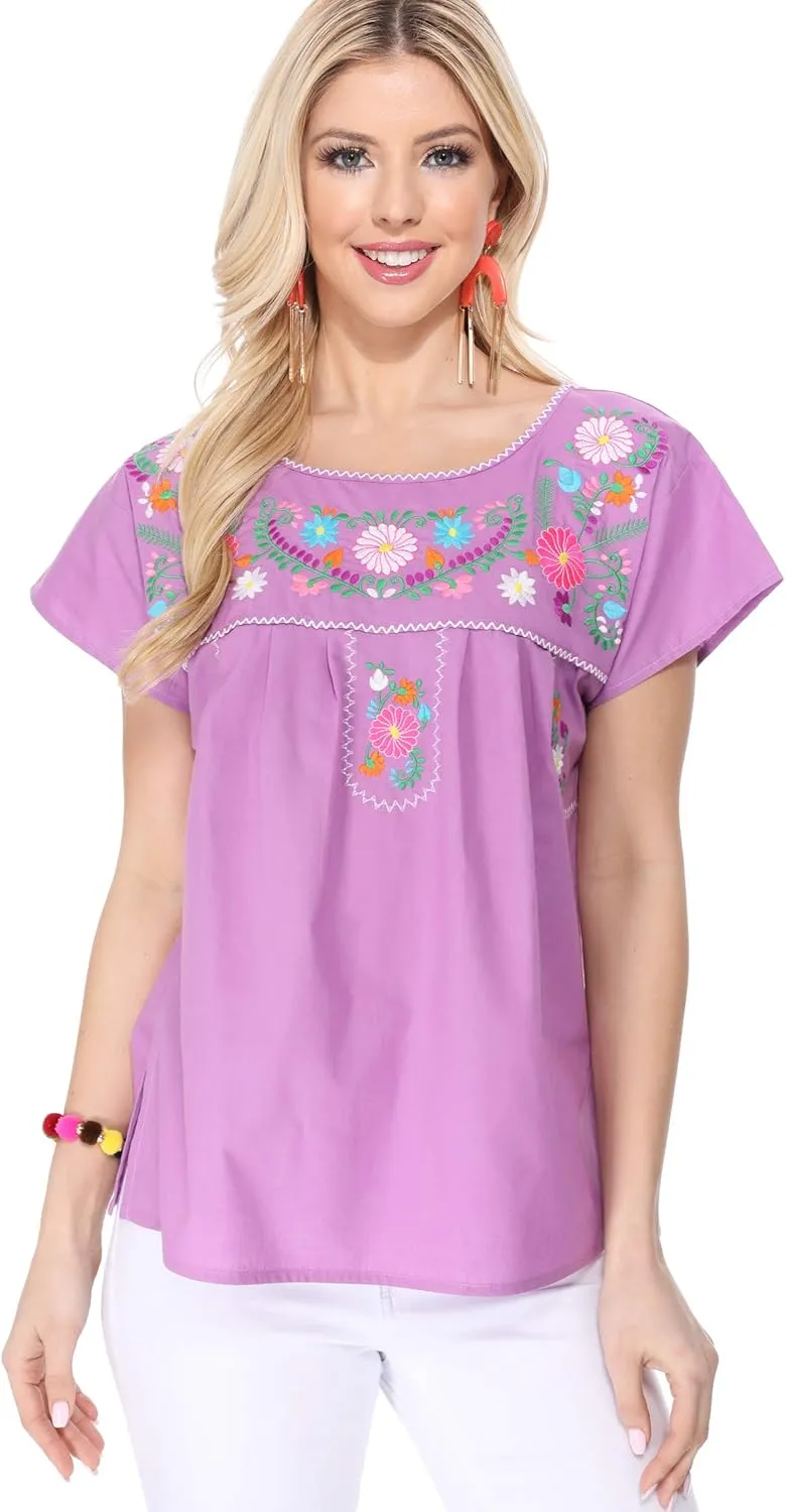 Women Traditional Puebla Mexican Embroidered Blouse