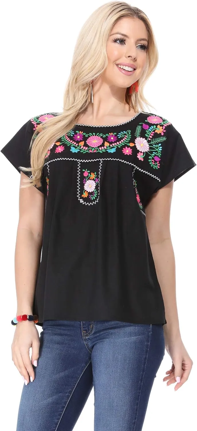 Women Traditional Puebla Mexican Embroidered Blouse