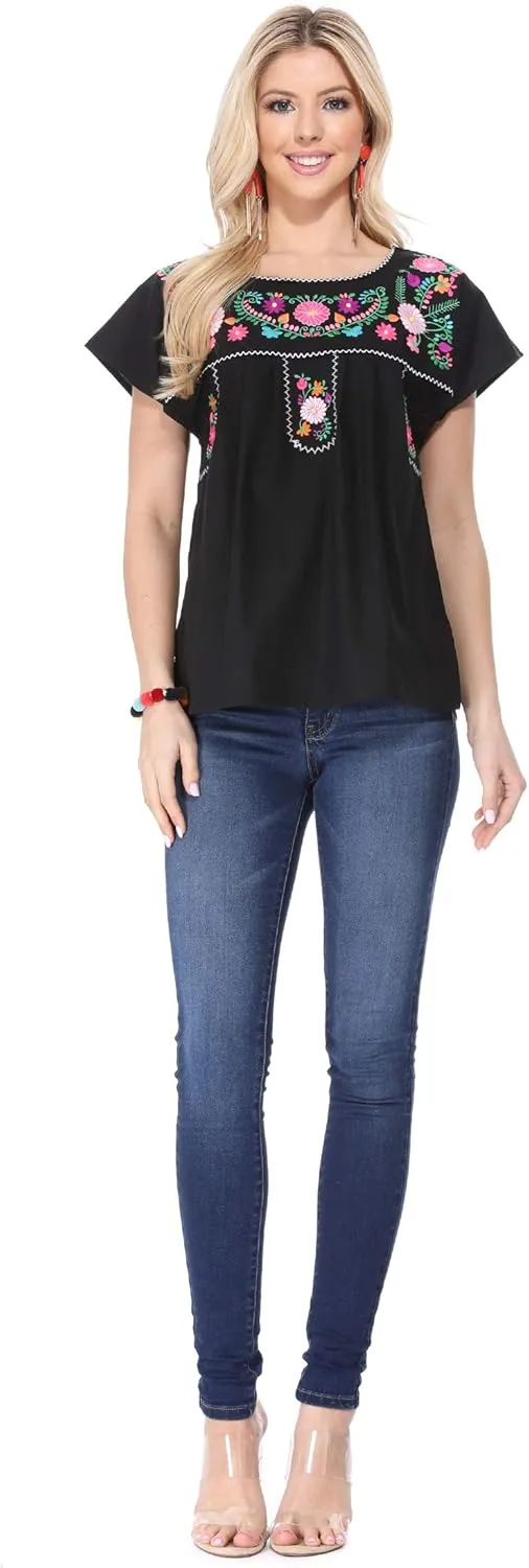 Women Traditional Puebla Mexican Embroidered Blouse