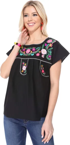 Women Traditional Puebla Mexican Embroidered Blouse