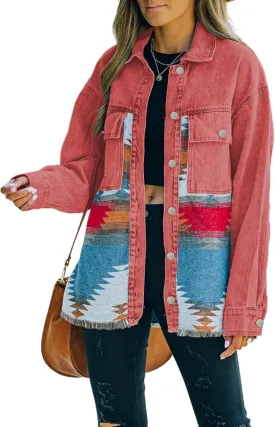 Womens Aztec Shacket Jacket Lapel Long Sleeve Retro Jean Coat Oversized Western Denim Jacket Womens Aztec Shacket Jacket Lapel Long Sleeve Retro Jean Coat Oversized Western Denim Jacket