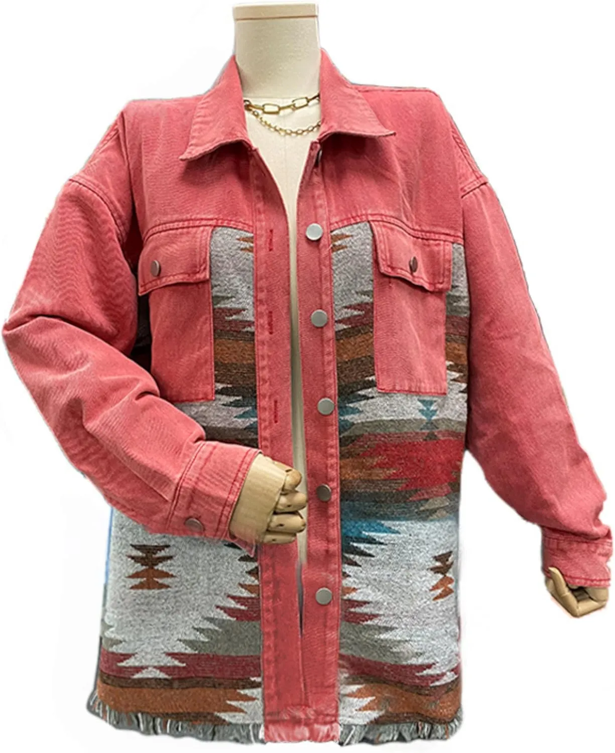 Womens Aztec Shacket Jacket Lapel Long Sleeve Retro Jean Coat Oversized Western Denim Jacket