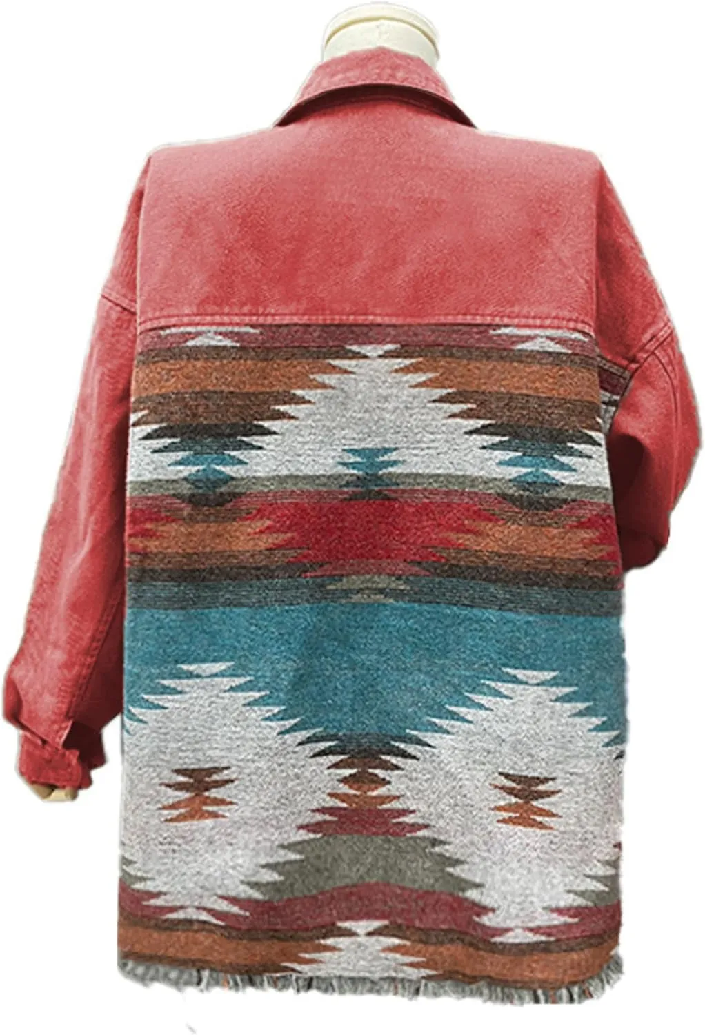 Womens Aztec Shacket Jacket Lapel Long Sleeve Retro Jean Coat Oversized Western Denim Jacket