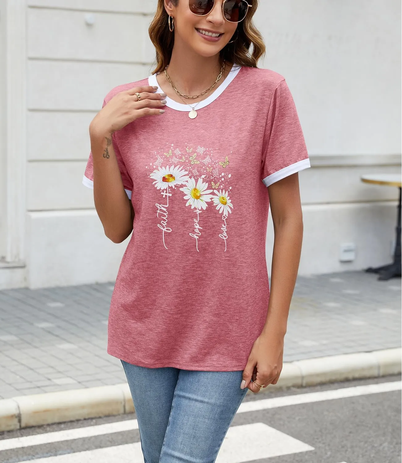 Womens Casual Short Sleeve Tunic Tops Funny Letter Sunflower Print Loose Fit Graphic Tee T Shirts
