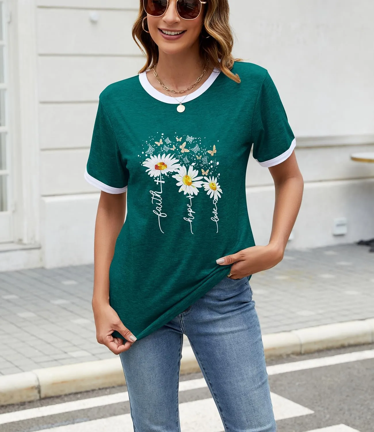 Womens Casual Short Sleeve Tunic Tops Funny Letter Sunflower Print Loose Fit Graphic Tee T Shirts