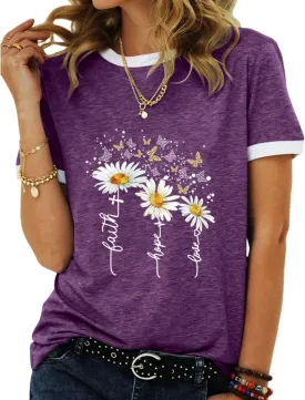 Womens Casual Short Sleeve Tunic Tops Funny Letter Sunflower Print Loose Fit Graphic Tee T Shirts