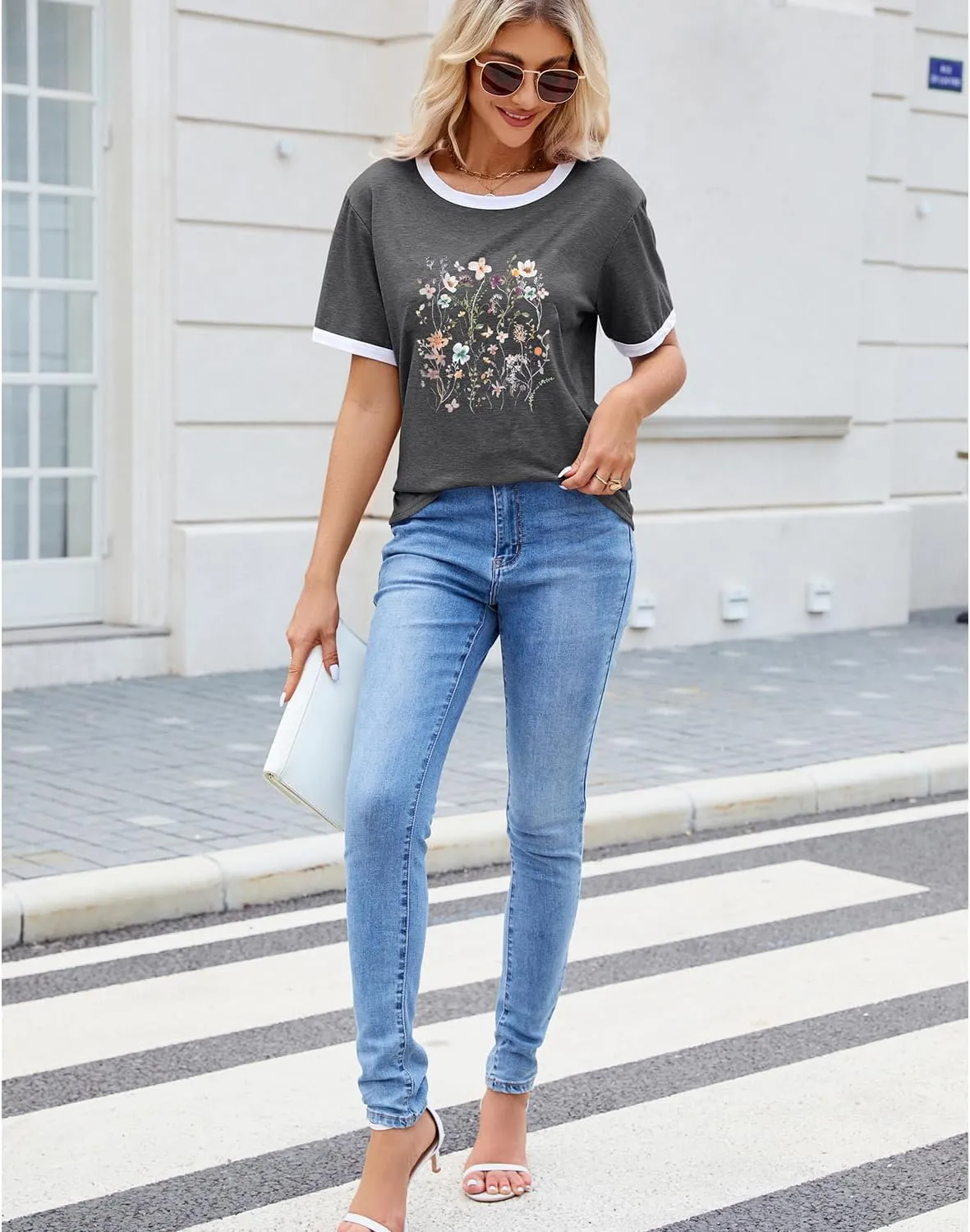 Womens Casual Short Sleeve Tunic Tops Funny Letter Sunflower Print Loose Fit Graphic Tee T Shirts