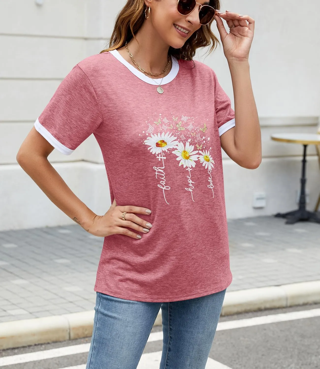 Womens Casual Short Sleeve Tunic Tops Funny Letter Sunflower Print Loose Fit Graphic Tee T Shirts