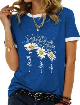 Womens Casual Short Sleeve Tunic Tops Funny Letter Sunflower Print Loose Fit Graphic Tee T Shirts