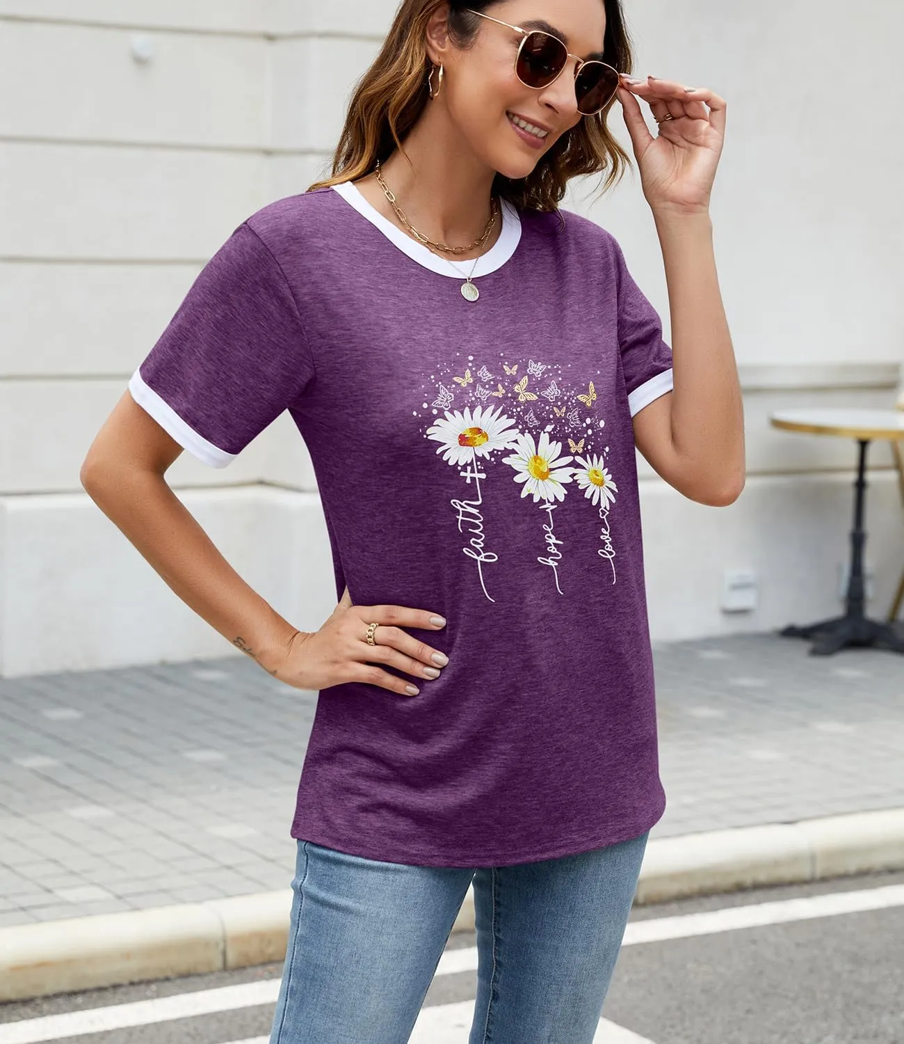 Womens Casual Short Sleeve Tunic Tops Funny Letter Sunflower Print Loose Fit Graphic Tee T Shirts