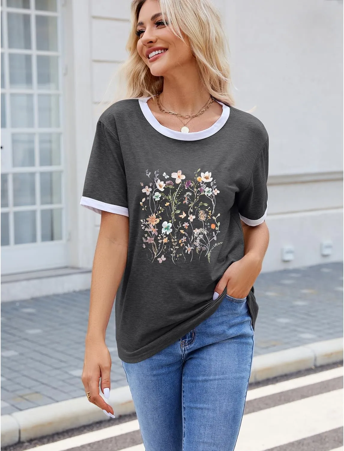 Womens Casual Short Sleeve Tunic Tops Funny Letter Sunflower Print Loose Fit Graphic Tee T Shirts