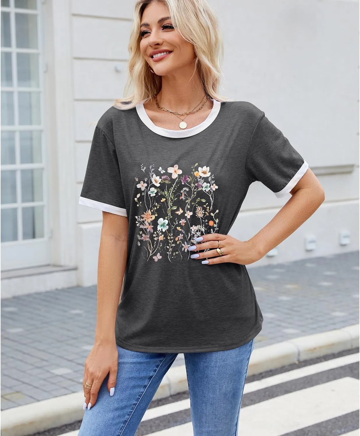 Womens Casual Short Sleeve Tunic Tops Funny Letter Sunflower Print Loose Fit Graphic Tee T Shirts