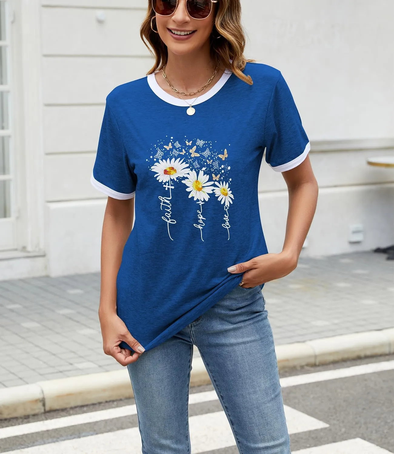 Womens Casual Short Sleeve Tunic Tops Funny Letter Sunflower Print Loose Fit Graphic Tee T Shirts