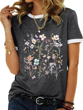 Womens Casual Short Sleeve Tunic Tops Funny Letter Sunflower Print Loose Fit Graphic Tee T Shirts