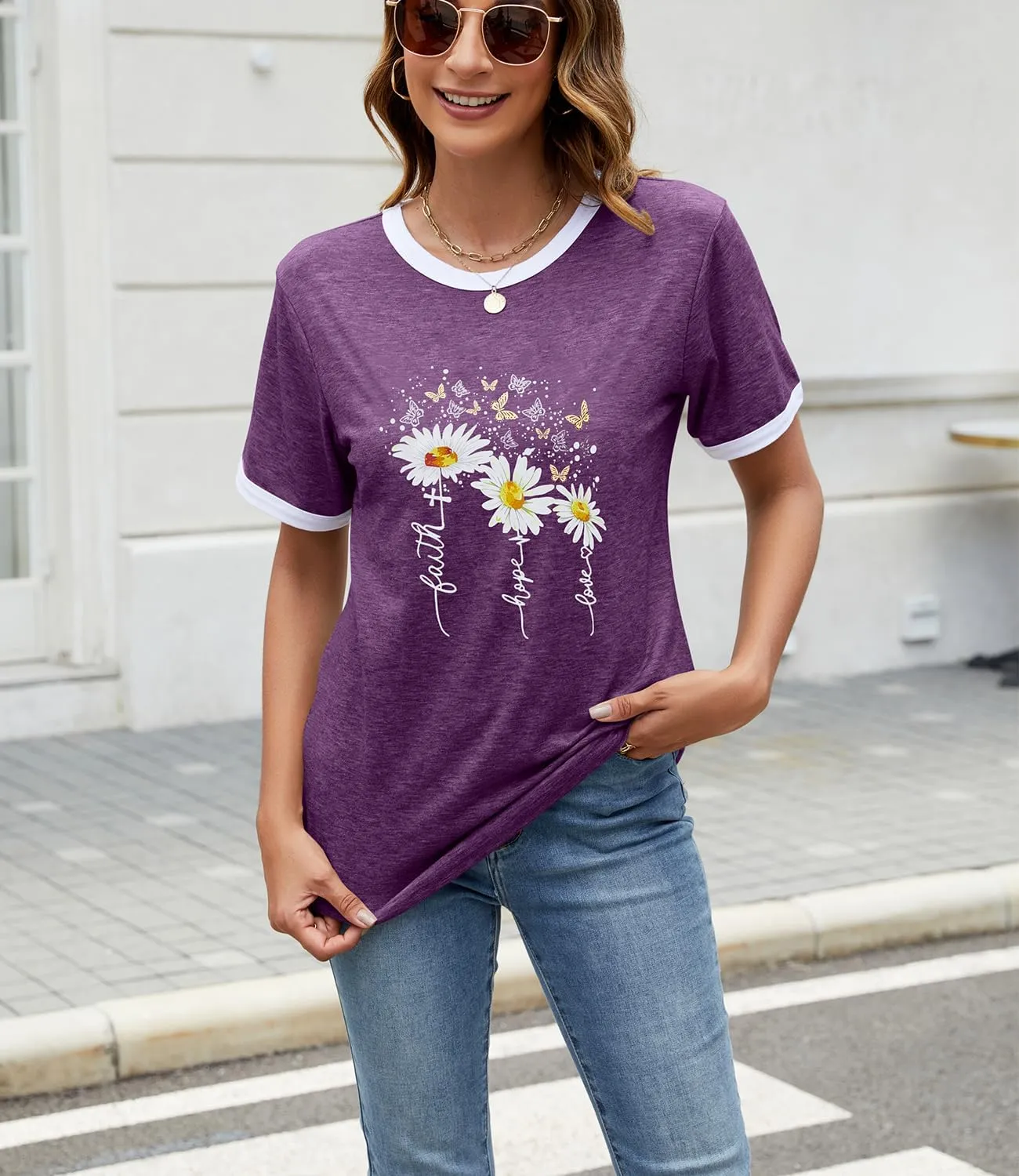Womens Casual Short Sleeve Tunic Tops Funny Letter Sunflower Print Loose Fit Graphic Tee T Shirts