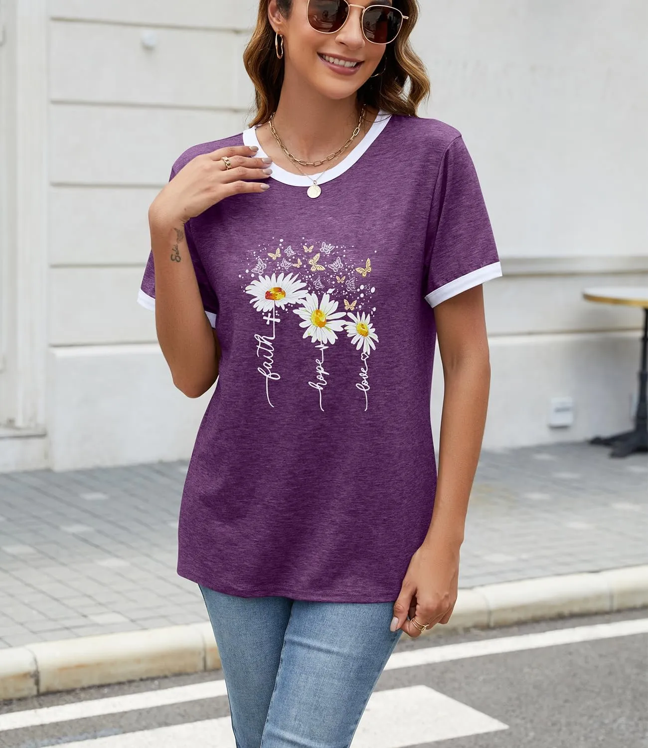 Womens Casual Short Sleeve Tunic Tops Funny Letter Sunflower Print Loose Fit Graphic Tee T Shirts
