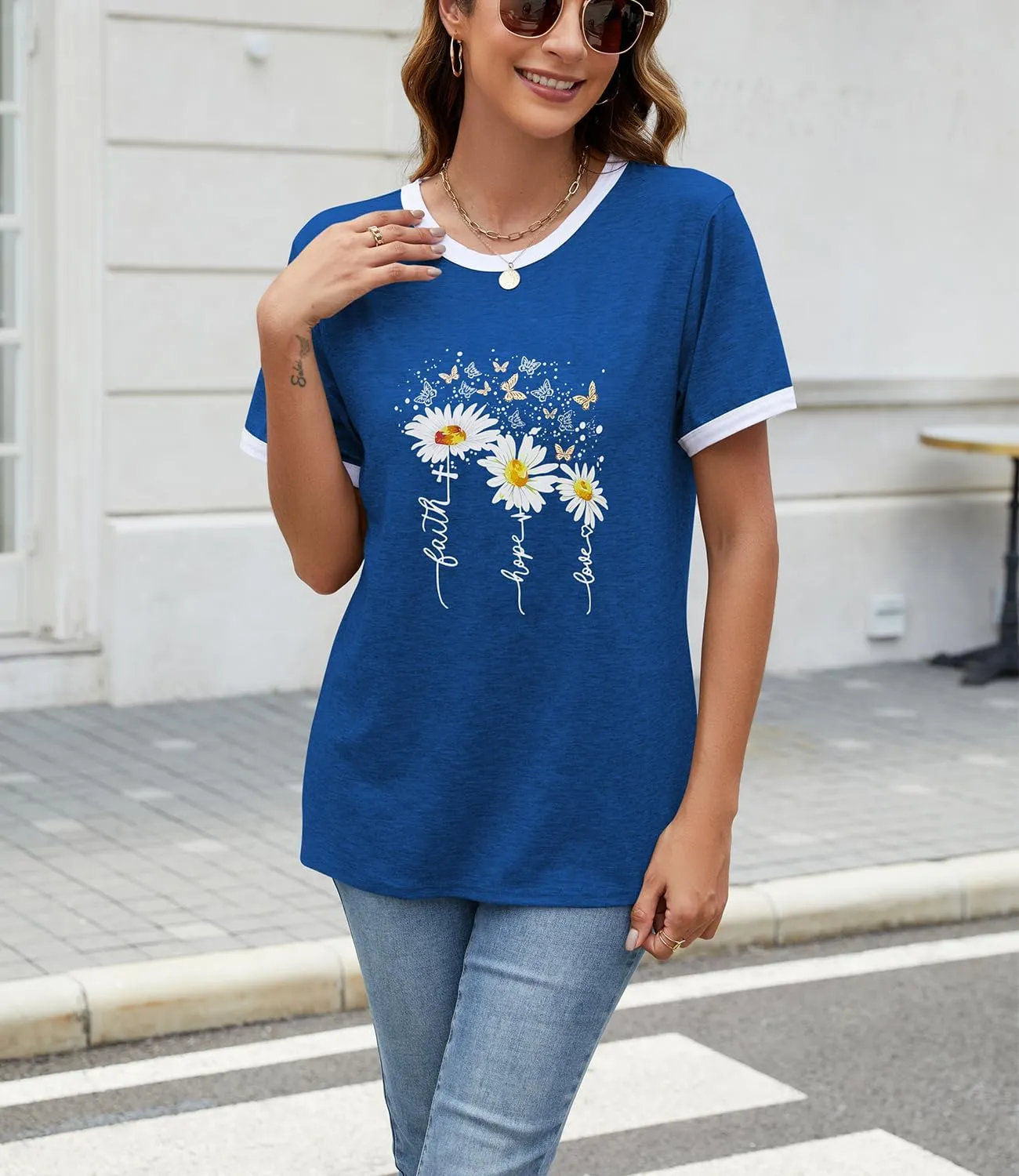 Womens Casual Short Sleeve Tunic Tops Funny Letter Sunflower Print Loose Fit Graphic Tee T Shirts