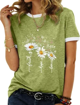 Womens Casual Short Sleeve Tunic Tops Funny Letter Sunflower Print Loose Fit Graphic Tee T Shirts