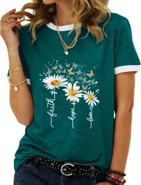 Womens Casual Short Sleeve Tunic Tops Funny Letter Sunflower Print Loose Fit Graphic Tee T Shirts