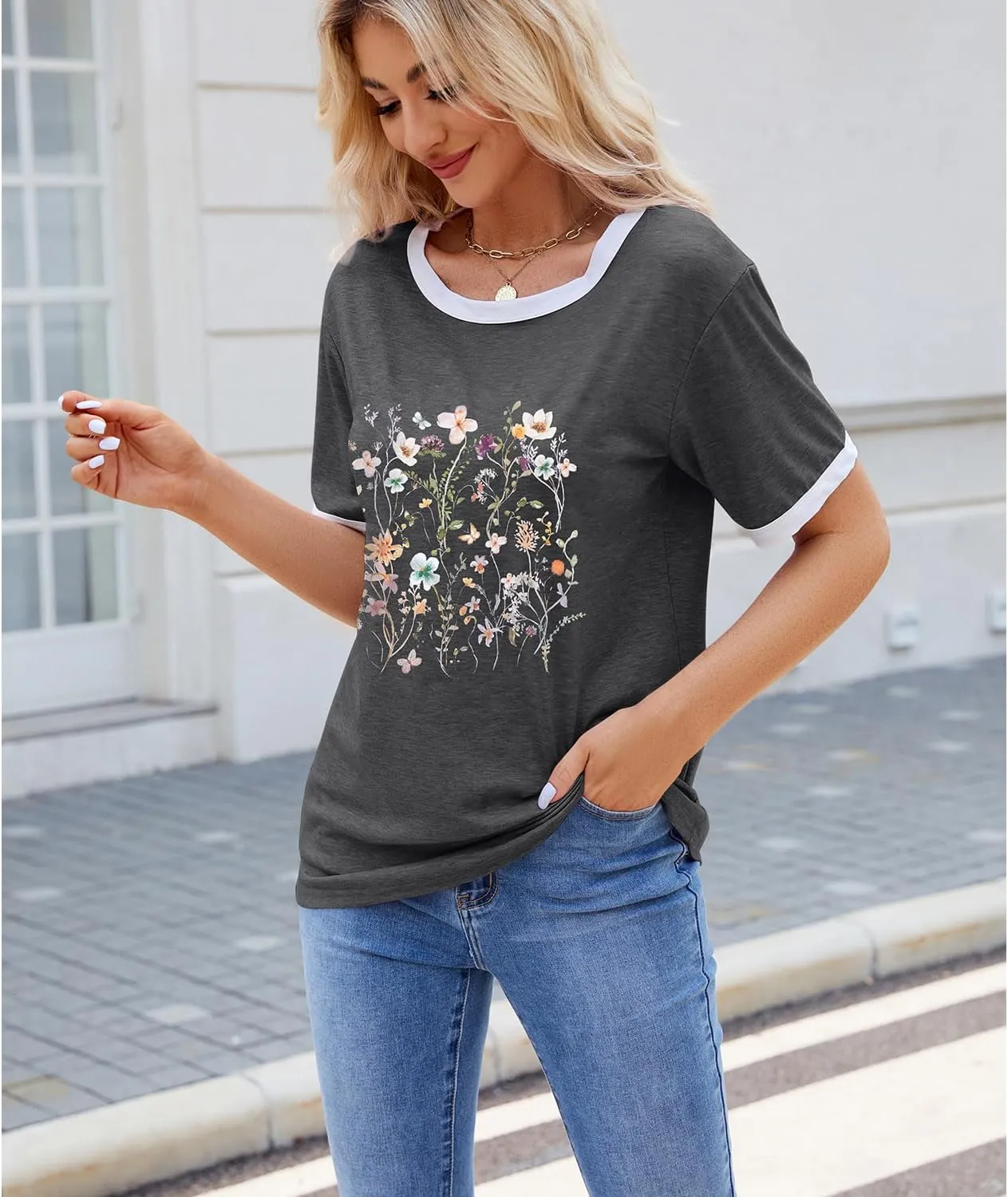 Womens Casual Short Sleeve Tunic Tops Funny Letter Sunflower Print Loose Fit Graphic Tee T Shirts