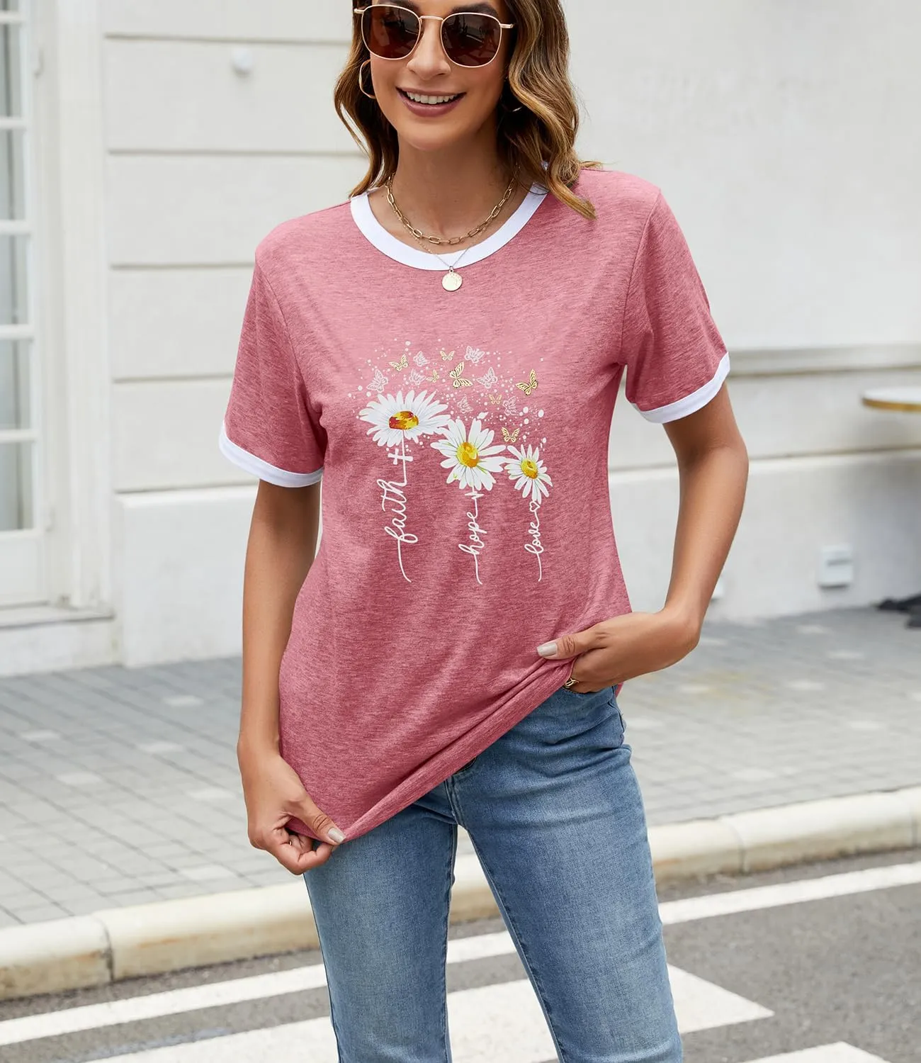 Womens Casual Short Sleeve Tunic Tops Funny Letter Sunflower Print Loose Fit Graphic Tee T Shirts