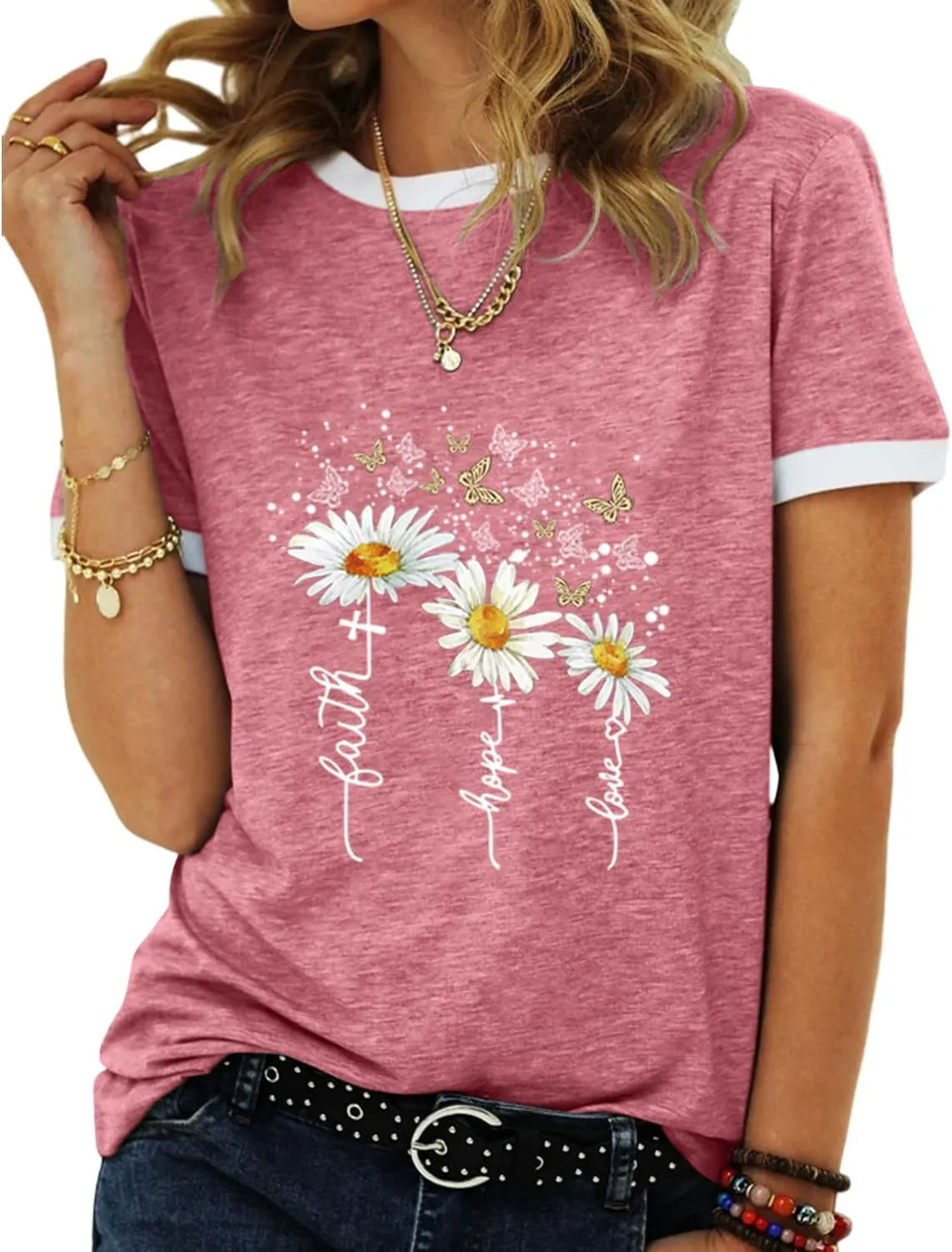 Womens Casual Short Sleeve Tunic Tops Funny Letter Sunflower Print Loose Fit Graphic Tee T Shirts