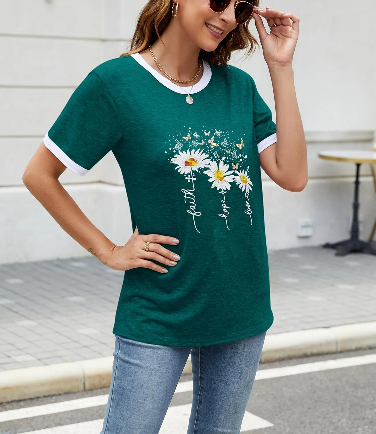 Womens Casual Short Sleeve Tunic Tops Funny Letter Sunflower Print Loose Fit Graphic Tee T Shirts