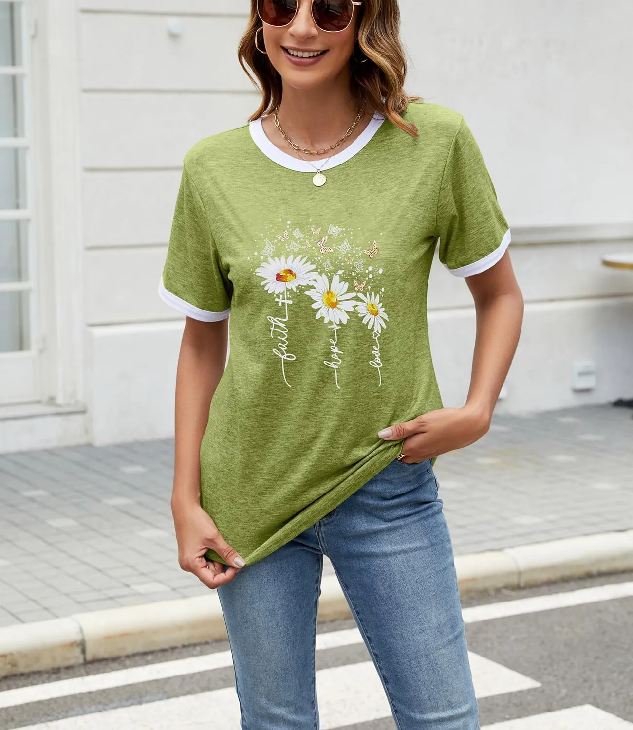 Womens Casual Short Sleeve Tunic Tops Funny Letter Sunflower Print Loose Fit Graphic Tee T Shirts