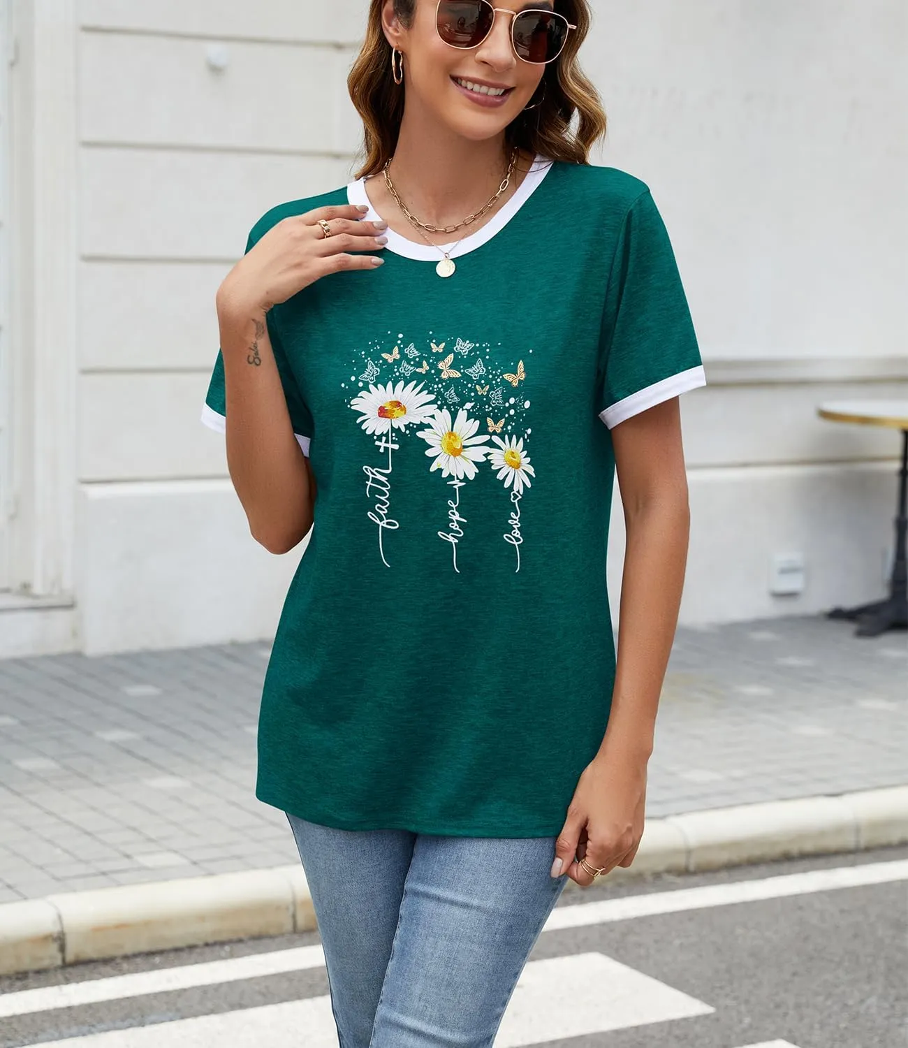 Womens Casual Short Sleeve Tunic Tops Funny Letter Sunflower Print Loose Fit Graphic Tee T Shirts