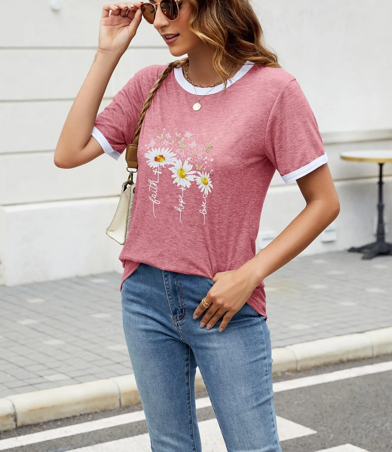 Womens Casual Short Sleeve Tunic Tops Funny Letter Sunflower Print Loose Fit Graphic Tee T Shirts