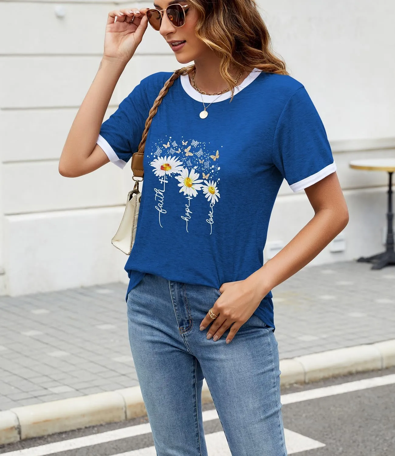 Womens Casual Short Sleeve Tunic Tops Funny Letter Sunflower Print Loose Fit Graphic Tee T Shirts