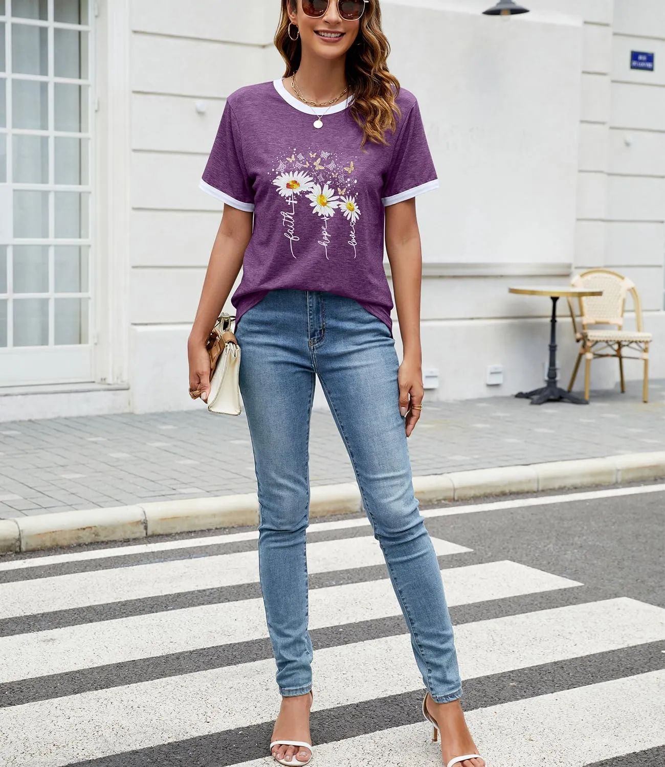 Womens Casual Short Sleeve Tunic Tops Funny Letter Sunflower Print Loose Fit Graphic Tee T Shirts