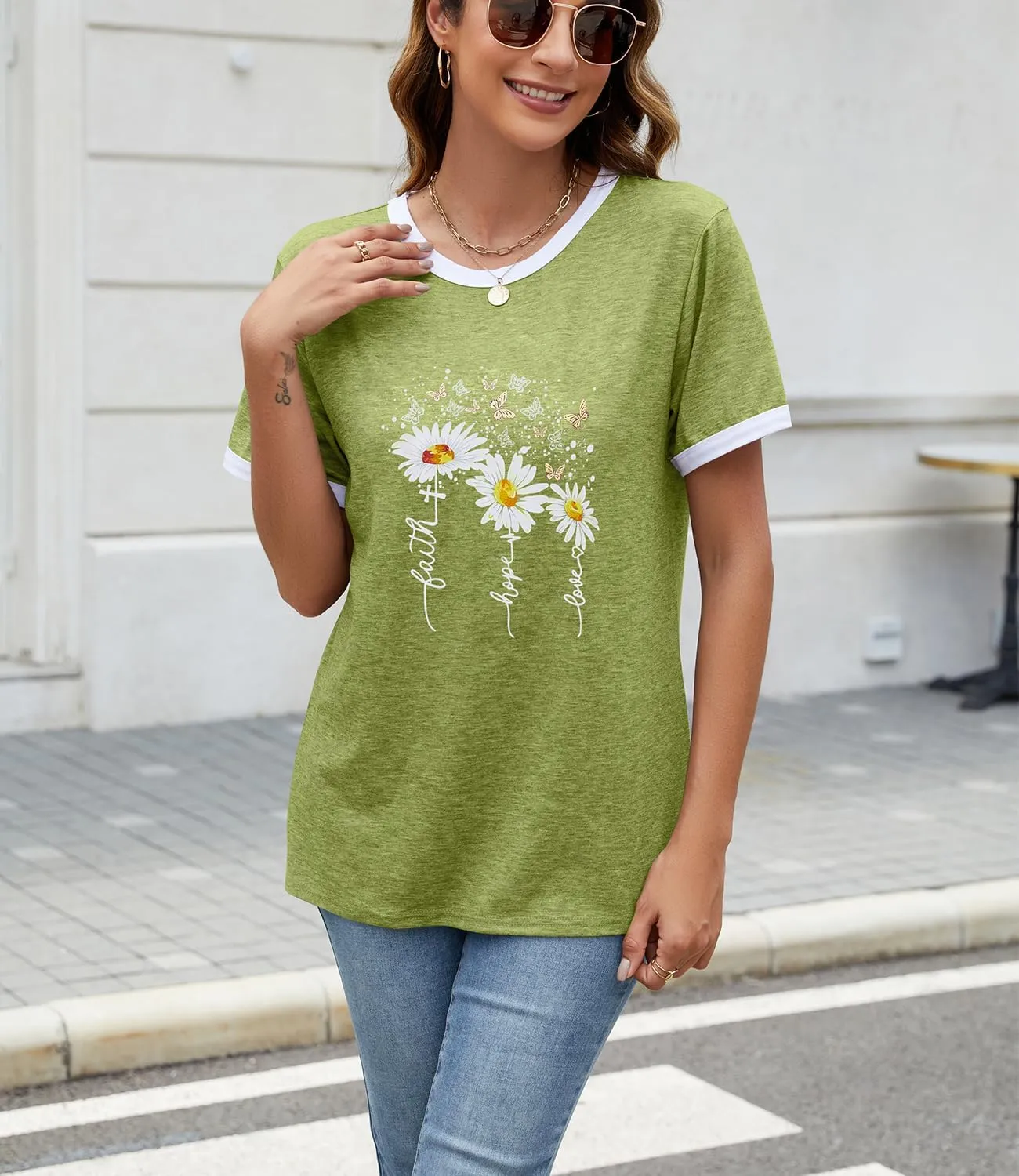 Womens Casual Short Sleeve Tunic Tops Funny Letter Sunflower Print Loose Fit Graphic Tee T Shirts