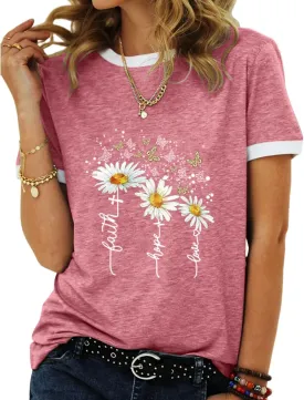 Womens Casual Short Sleeve Tunic Tops Funny Letter Sunflower Print Loose Fit Graphic Tee T Shirts
