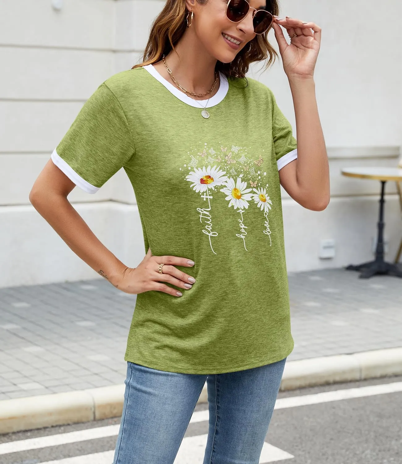 Womens Casual Short Sleeve Tunic Tops Funny Letter Sunflower Print Loose Fit Graphic Tee T Shirts