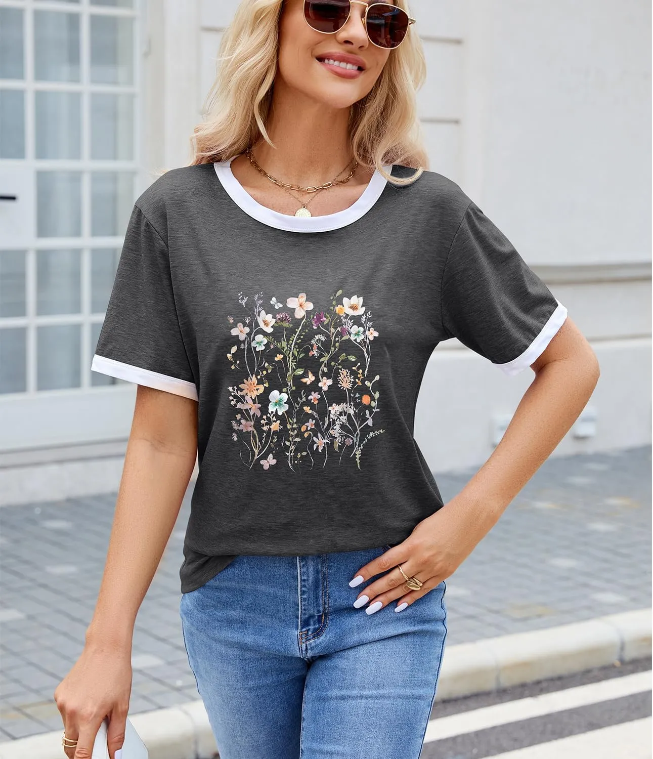 Womens Casual Short Sleeve Tunic Tops Funny Letter Sunflower Print Loose Fit Graphic Tee T Shirts